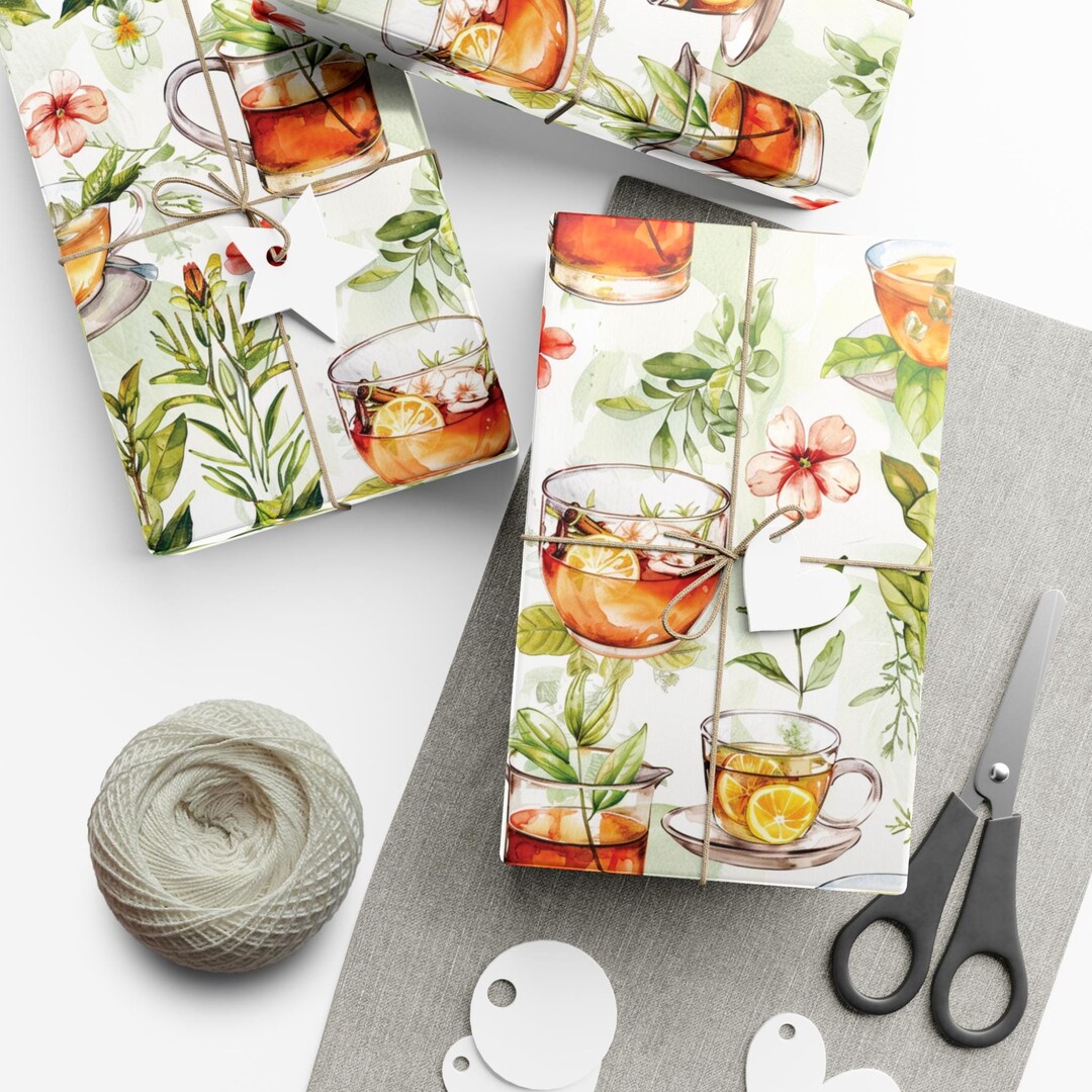 Tea Lover Floral Gift Wrapping Paper, Tea Cups and Tea Leaves Gift Wrap ...