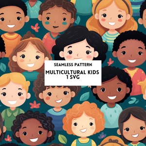 Cute Multicultural Kids Faces SVG, Seamless repeating pattern, School Teacher, Diverse images, vector image, back to school projects