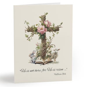 Carte de Pâques chrétienne ressuscitée avec mots inspirants à l'intérieur, jeu de cartes de voeux religieuses résurrection de Jésus, croix botanique, bible, agneau