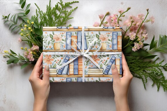 Book Lover Wrapping paper, Bookworm Gift Wrap, Bookish, Literature, Librarian, Books on a Shelf, Botanical, Floral Birthday Gift Wrap