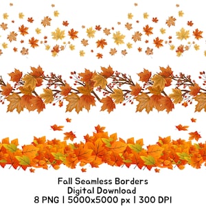 Fall Leaves Border Clipart, Autumn Seamless Pattern Transparent PNG, Thanksgiving Floral Border, Fall Trees Digital Download, Commercial Use