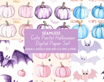 Pastel Halloween Digital Paper, Cute Halloween Seamless Patterns, Pastel blue purple pink pumpkins, cute bats, Fall background, Autumn