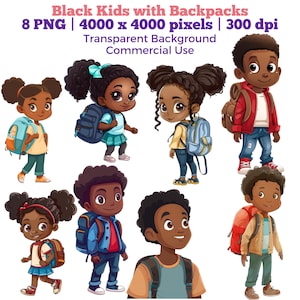 Clipart garçons noirs, clipart filles noires, retour à l'école PNG, enfants afro-américains avec dessin animé de sacs à dos, sublimation, élève enseignant