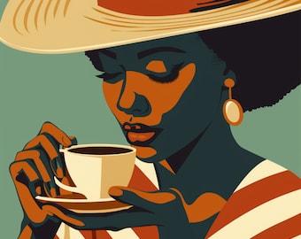 Black Girl Coffee Lover Wall Art, Cafe Kitchen Decor PNG Clipart, African American Digital Sublimation, Black Woman Wall Art, Melanin PNG