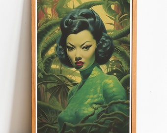 Green Kitsch Lady 02 Art Print inspired by Vladimir Tretchikoff, Mid Century Modern, Kitsch Wall Art, Home Decor, Retro Art