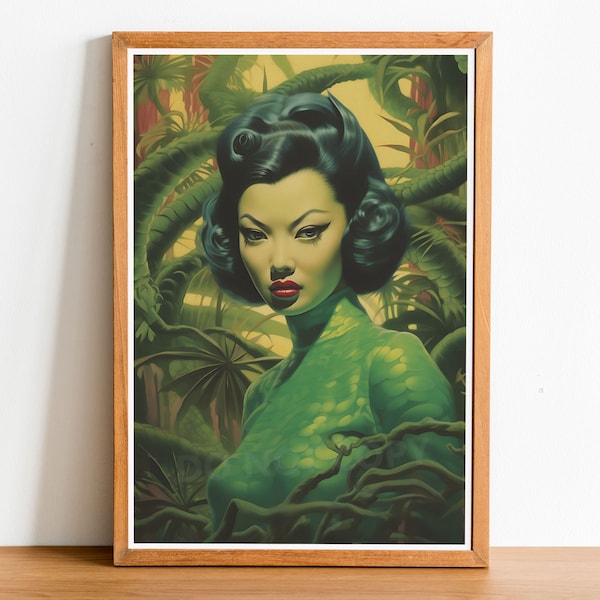 Impression d'art verte kitsch Lady 02 inspirée de Vladimir Tretchikoff, moderne du milieu du siècle, art mural kitsch, décoration d'intérieur, art rétro