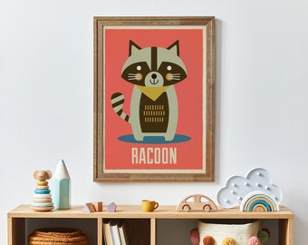 Racoon Nursery Art Print, Racoon Poster, Animal Nursery Wall Art, Nursery Decor, Cute Animal Prints, Retro Nursery Prints, Baby Gift