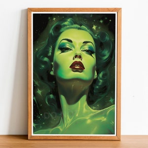 Green Kitsch Lady 10 Art Print inspired by Vladimir Tretchikoff, Mid Century Modern, Kitsch Wall Art, Home Decor, Retro Art