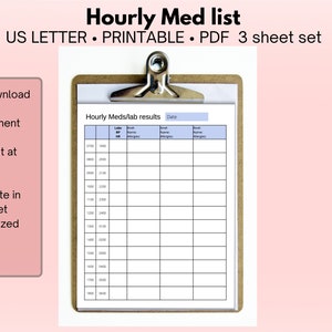 Hourly medication sheet, set of 3 PDF sheets