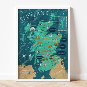 Illustrated Map of Scotland: Matte poster print featuring the highlands, Glasgow, Edinburgh, Isle of Skye, Scottish Castles, and creatures!