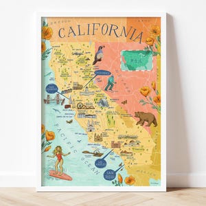 Map of California Print: Illustrated map of California USA including San Francisco, Los Angeles, San Diego