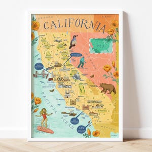 Karte von Kalifornien Poster: Illustrierte Landkarte von Kalifornien USA inklusive San Francisco, Los Angeles, San Diego