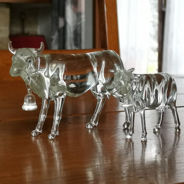 Set of 2 handmade glass cow figures with bell from Switzerland