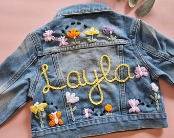 Girls Hand-Embroidered Denim Jacket: Personalized Floral Name Customization