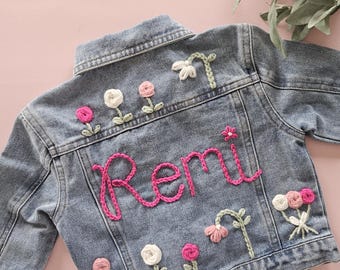 Girls Hand-Embroidered Denim Jacket: Personalized Floral Flower Design