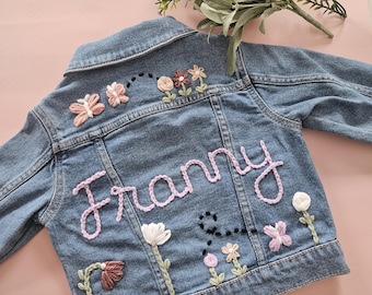 Girls Hand-Embroidered Denim Jacket: Personalized Floral Butterfly Design