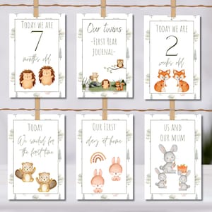 Cartes jumelles bébé forêt, jumelles, imprimables unisexes cartes jalons à mémoire de forme Jumeaux, cartes personnalisées cadeau baby shower, accessoires photos, jumelles