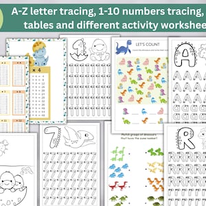 Libro di attività sui dinosauri per bambini, fogli di lavoro per tracciare l'alfabeto, schede stampabili, fogli di lavoro per tracciare i numeri, tabelle orarie, esercizi di scrittura a mano per bambini