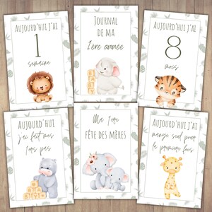 Cartes jalons unisexes pour bébés, 56 cartes jalons imprimables Safari Cartes jalons personnalisées pour bébés Accessoires photos pour bébés