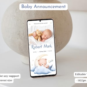 Faire-part de naissance garçon avec photo Modèle de carte de visite numérique modifiable pour faire-part de naissance ours en peluche