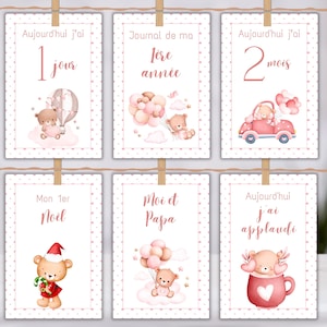 Français 56 cartes d'étapes importantes pour bébé fille, cartes d'étapes mensuelles imprimables pour bébé, cartes souvenirs personnalisées pour bébé, cadeau de baby shower, accessoires photo pour bébé