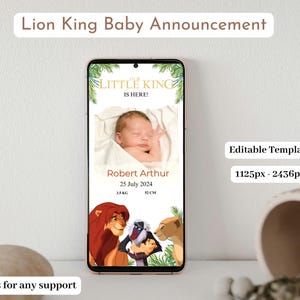 Anuncio de nacimiento de un niño de El Rey León con foto editable Anuncio de nacimiento de un niño de El Rey León Revelación de un bebé recién nacido Nota móvil de El Rey León