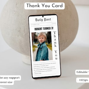 Newspaper Phone Thank You Card with Photo, Newsletter Thank You Note Digital Thank you Card for Phone, Editable Thank You Ecard Template