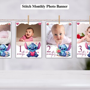 Banner mensal de fotos para aniversário de 1 ano da Stitch, cartões comemorativos, foto do primeiro ano para menino ou menina, modelo editável para impressão, banner de fotos da Stitch