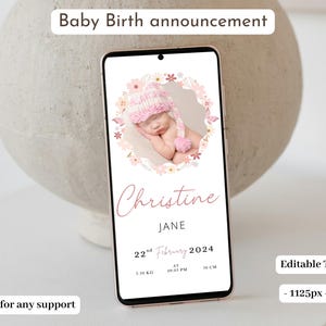 Modèle de carte de visite numérique modifiable Faire-part de naissance petite fille avec fleurs photo
