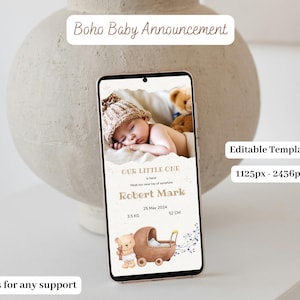 Newborn Baby Announcement with Photo Boho Unisex Birth Announcement Digital New Baby Boy or Girl Announcement Editable Ecard Boho Template