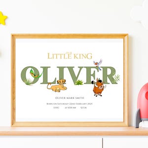 Arte con el nombre del Rey León para habitación de bebé, decoración de guardería, impresión del nombre del niño del Rey León, decoración de habitación, animales personalizados, nombre del bebé, arte de pared del Rey León