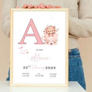 Personalisierter Baby Mädchen Druck Buchstabe Name, Kinderzimmer Geburt Details Poster Druck Neues Baby Geschenk, Neugeborenen Baby Zimmer Wand Kunst Teddybär Druck
