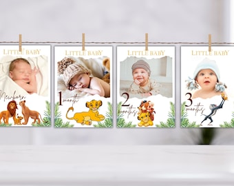 Banner fotografico mensile per il primo compleanno del Re Leone, biglietti d'auguri, foto del primo anno, modello modificabile per bambino o bambina, banner fotografico stampabile del Re Leone