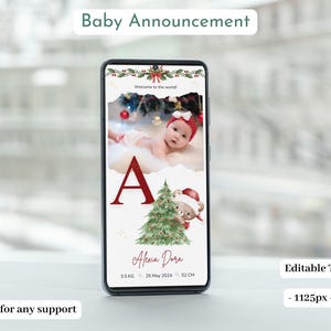 Christmas Newborn Baby Announcement with Photo Boy or Girl Birth Announcement Digital Newborn Announcement Editable Ecard Christmas Template