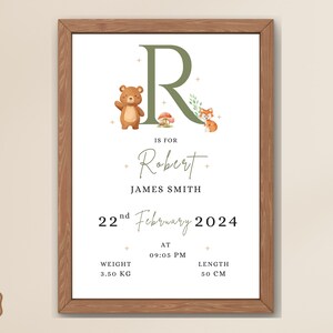 Impresión personalizada de animales del bosque para bebé, póster para guardería con nombre, impresión con detalles de nacimiento y peso, regalo para bebé recién nacido, arte digital para pared de habitación de recién nacido