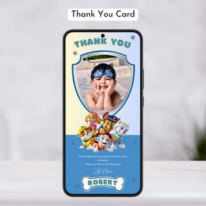 Tarjeta de agradecimiento de Paw Patrol con foto, tarjeta de agradecimiento digital de Puppy Patrol para teléfono, plantilla de tarjeta de agradecimiento de cumpleaños editable