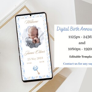 Annuncio di nascita elettronico con foto, annuncio di nascita di un ragazzo digitale, modello di cartolina elettronica modificabile con testo di annuncio di neonato