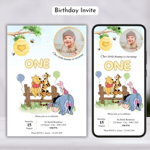 Modello di invito di compleanno di Winnie the Pooh, invito di Winnie the Pooh per maschietto o femminuccia, invito stampabile con foto del primo compleanno di Winnie the Pooh