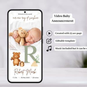 Modèle vidéo Woodland pour faire-part de bébé Faire-part de naissance numérique avec photo électronique modifiable pour WhatsApp et partage de texte