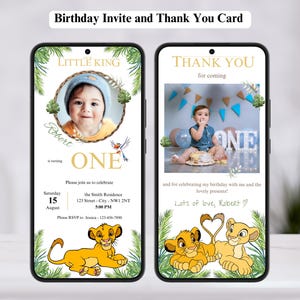Modèle d'invitation d'anniversaire du Roi Lion avec photo modifiable Carte de remerciement pour fête d'enfants du Roi Lion
