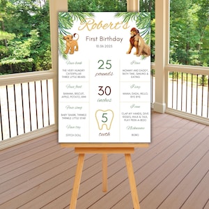 Plantilla para tablero de hitos de cumpleaños de El Rey León, letrero para el primer cumpleaños de El Rey León, póster editable para fiesta de cumpleaños de Simba.