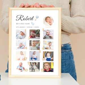 Modelo de colagem de fotos editáveis de bebê menino, colagem de fotos de marcos do primeiro ano, decoração de arte de parede com fotos personalizadas, download instantâneo do primeiro ano