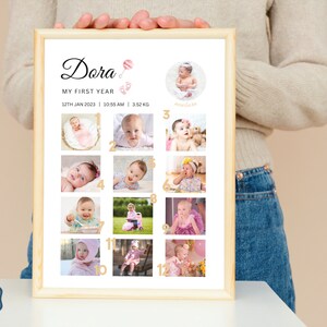 Modèle de collage photo modifiable bébé fille jalon de la première année collage de photos personnalisé mur de photos Art déco première année téléchargement immédiat
