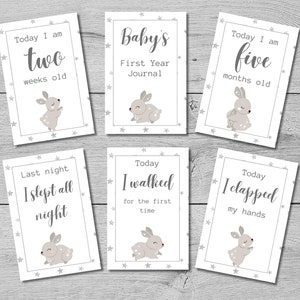 56 cartes jalons imprimables pour bébés, cartes jalons unisexes à mémoire, cadeaux personnalisés pour baby shower, cartes jalons mensuels pour bébé lapin