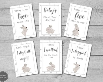 49 Baby Milestone Cards Printable, Unisex Memory Milestone Cards Personalized Baby Shower Gifts, Bunny Monthly Baby Milestone Cards