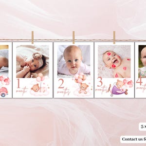 Bannière photo mensuelle pour 1er anniversaire des filles Photos imprimables de la première année, cartes jalons bannière photo modifiable avec ours en peluche, décoration de fête d'anniversaire