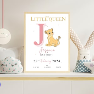 Kinderzimmer König der Löwen Print Name Mädchen Geburt und Gewicht Details Poster Neues Baby Mädchen Geschenk Kinderzimmer kleine Königin Wand Kunst Poster Raumdekor Mädchen
