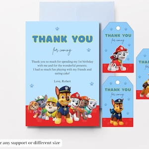 Tarjeta de agradecimiento y etiqueta de cumpleaños de Paw Patrol, tarjeta de agradecimiento imprimible para fiesta, etiquetas para bolsas de fiesta temática de Paw Patrol y nota de agradecimiento
