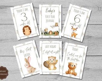 56 Woodland Baby Milestone Cards Printable Unisex Memory Milestone Cards Personalized Cards Baby Shower Gift Photos Props Instant Download