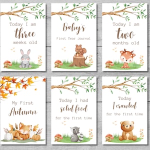 56 Cartões de marcos para bebês da Woodland, cartões de memória personalizados para impressão, cartões unissex, presentes para chá de bebê, fotos, acessórios, download instantâneo